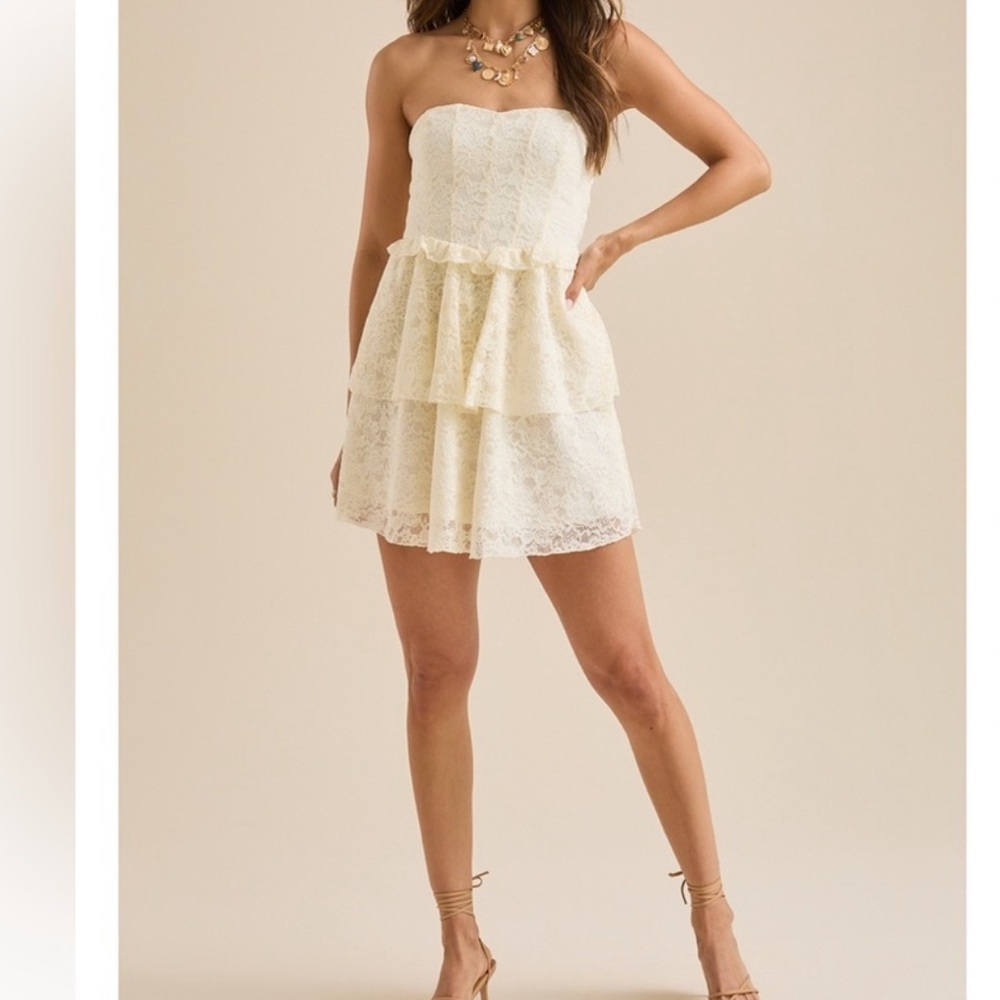 Altar'd State Cream Lace Strapless Tiered Mini Dress